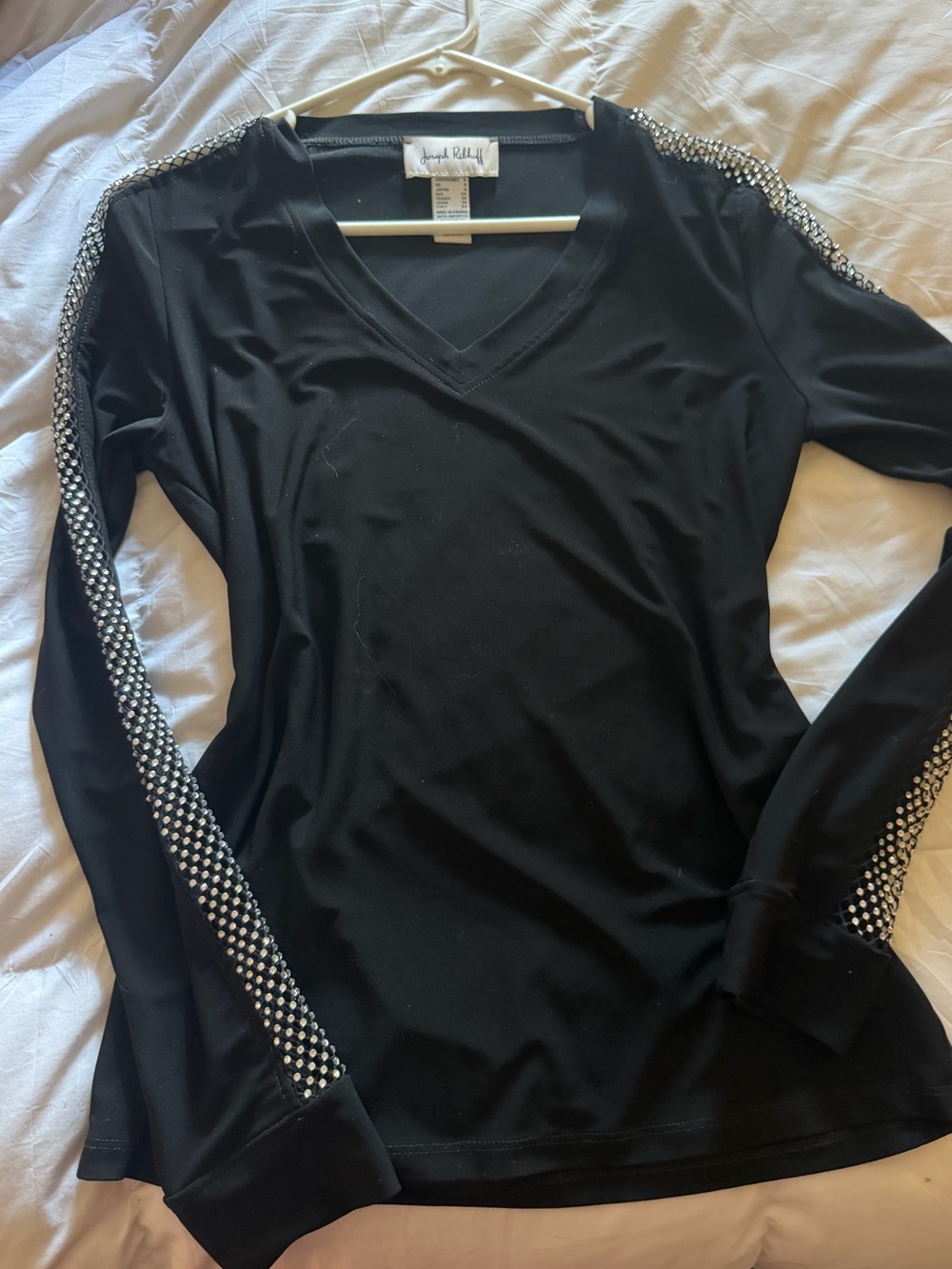 Joseph Ribkoff Black Mesh Long-Sleeve V-Neck Top Rhinestone Crystal Detailing